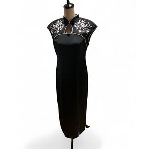 Vintage 90s S.L.Fashions Asian inspired long black dress white floral embroidery